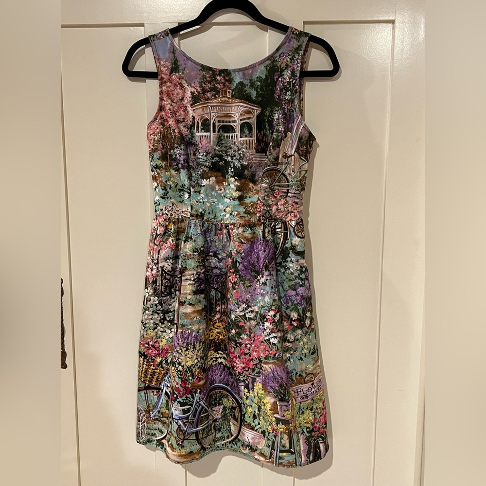Whimsical Garden Romance Dolls & Dames Garden Scenic Print Dress USA Size Small